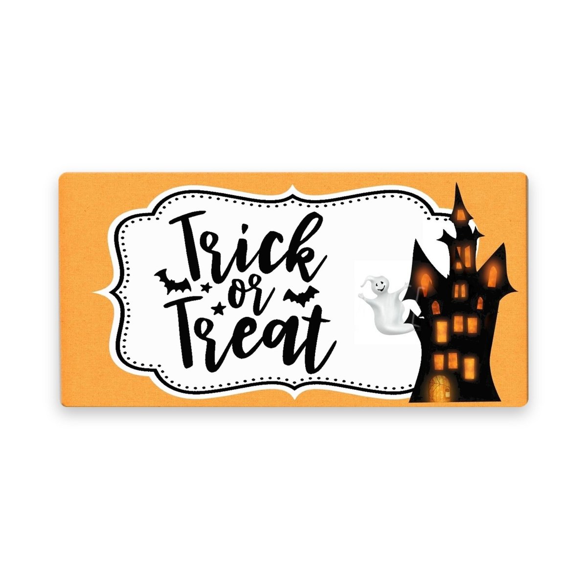 Haunted Castle Trick or Treat 6x12 metal wreath sign with a friendly ghost and castle