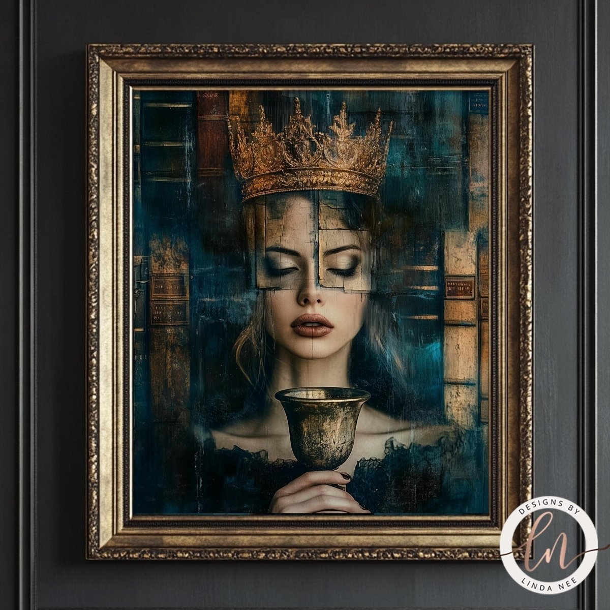 Crowned queen holding a golden cup surrounded by books