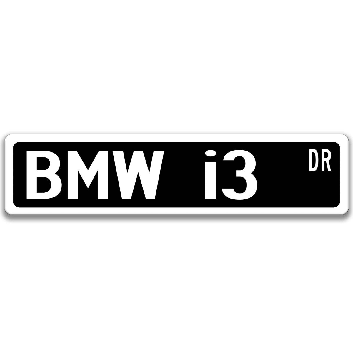 Black BMW i3 DR aluminum street sign with white lettering