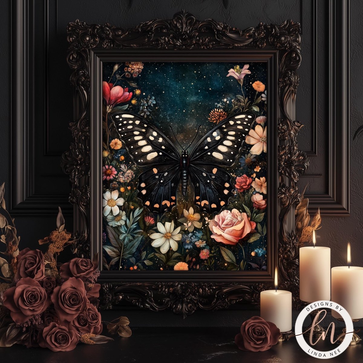 a framed painting of a black butterfly surrounded by a vibrant floral arrangement, with candles and roses in the foreground.