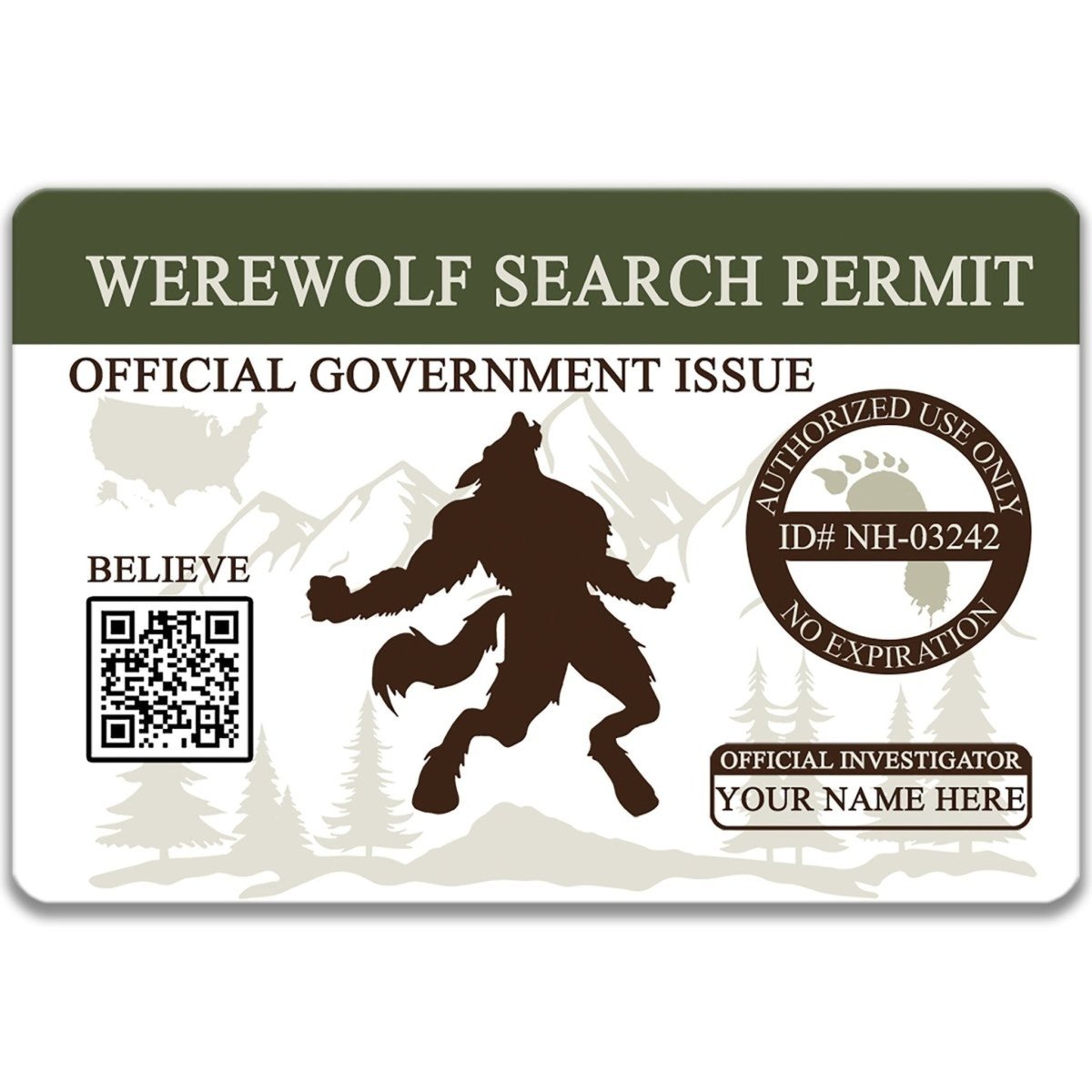 The image is a sticker or permit for a wolf-themed search permit, featuring a wolf silhouette and a QR code.