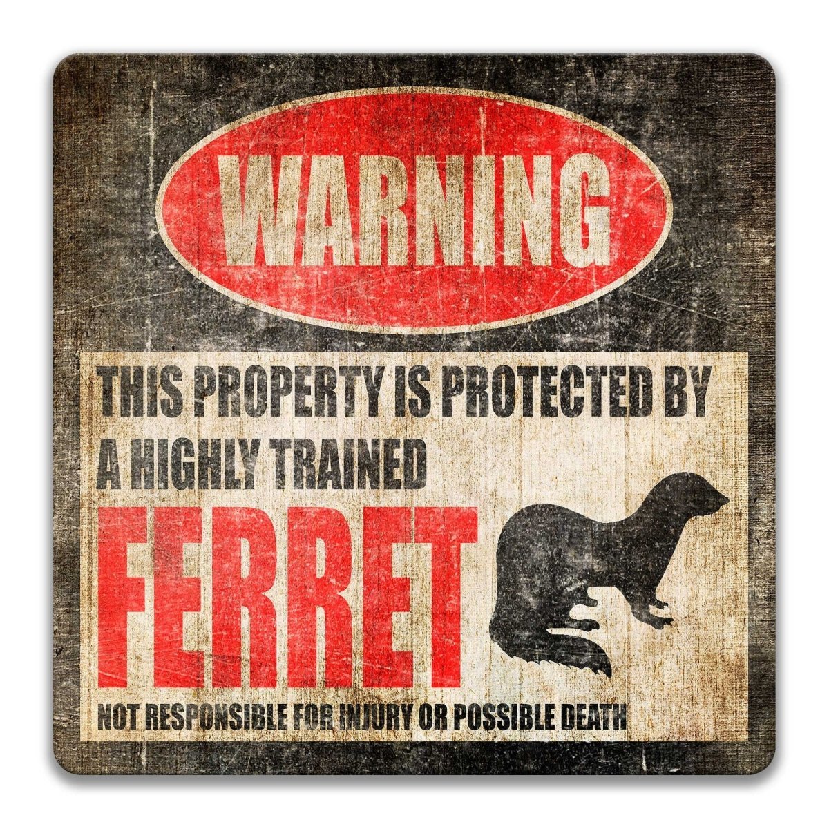 Ferret warning sign, red WARNING banner and large ferret silhouette, funny Ferret lover gift, aluminum with rounded corners