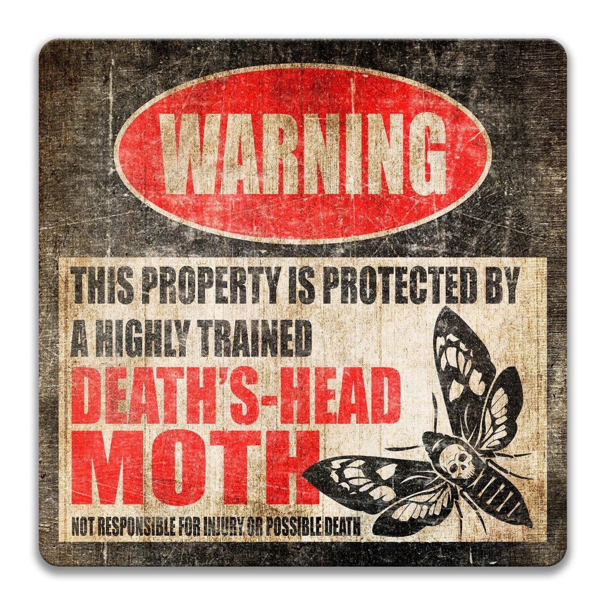 Detail of the moth graphic on the death’s head moth metal warning sign with its property protection message