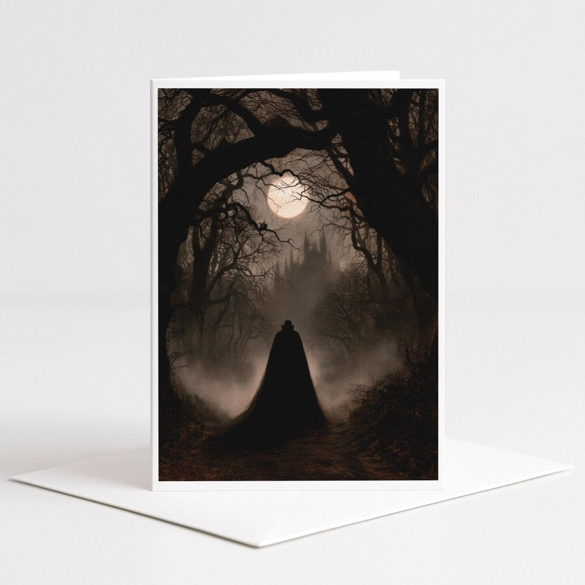 Cloaked Dracula standing in a misty moonlit forest with a castle beyond, vampire note card art