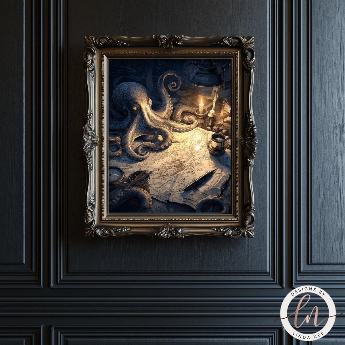 an octopus in a frame, with a map and a candle in the background, creating a mysterious and intriguing scene.