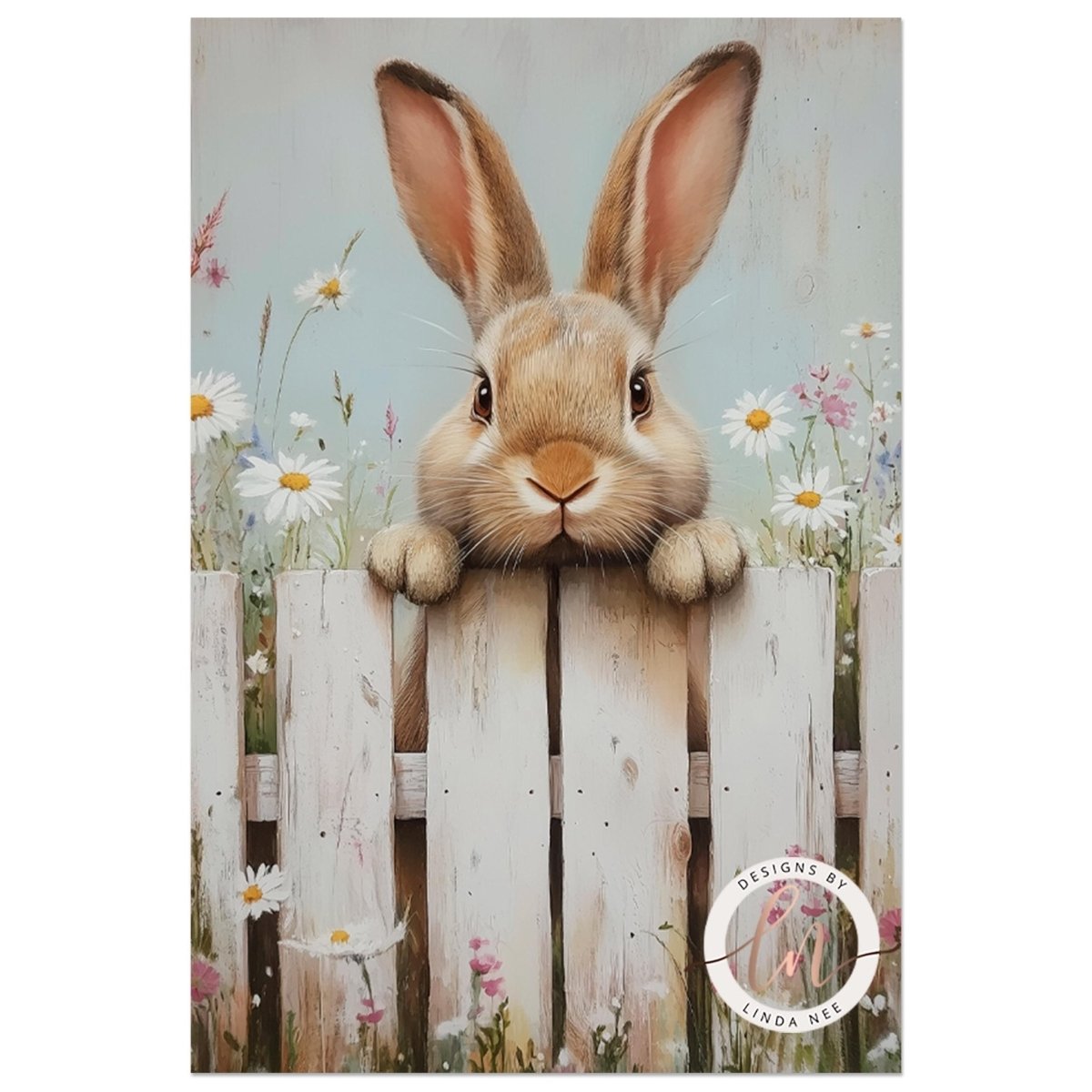Rabbit peeking over a rustic fence surrounded by wildflowers