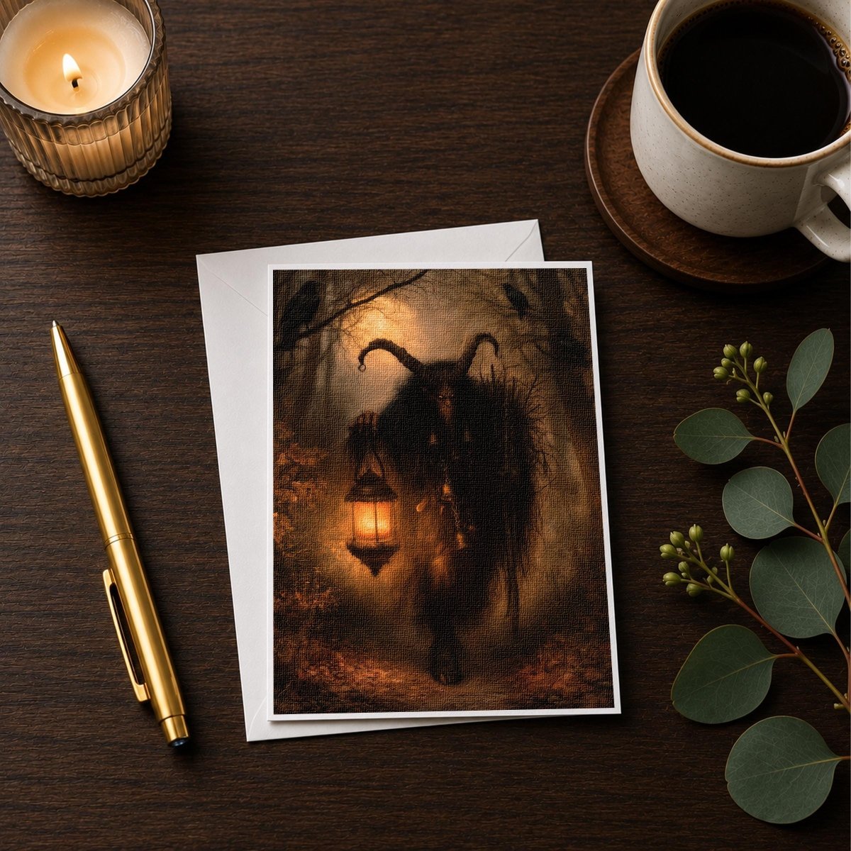 Krampus with lantern note card showing the full misty forest scene