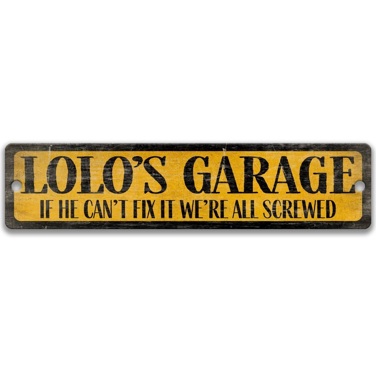 a sign with the text "Lolo's Garage" in a bold, black font on a yellow background.