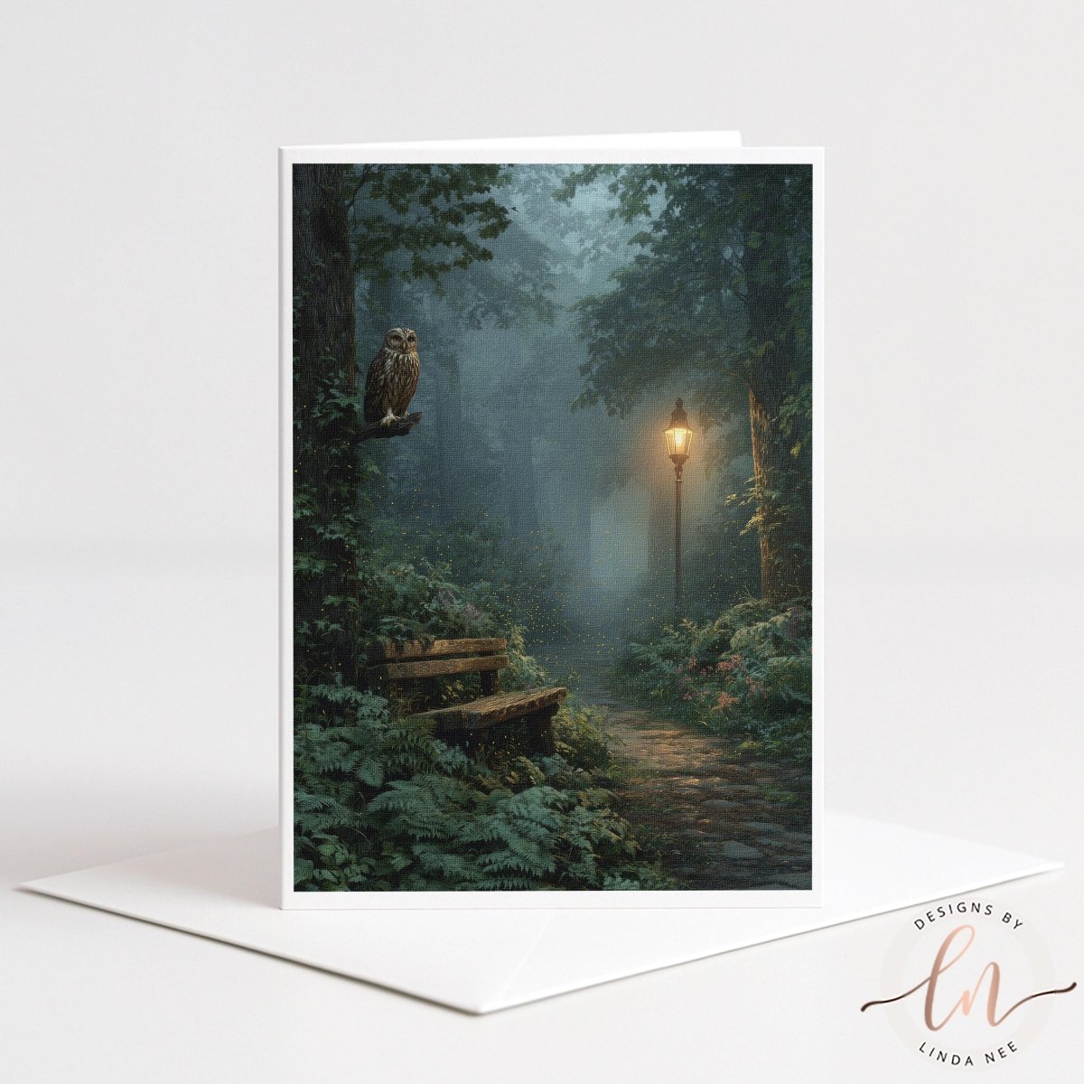 A serene forest scene with a path leading through the trees, illuminated by a single light source. An owl perches on a branch, adding a sense of mystery to the tranquil atmosphere.