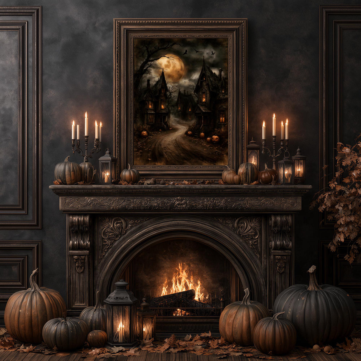 Autumn hearth styled with pumpkins, candles, and lanterns beside the village print