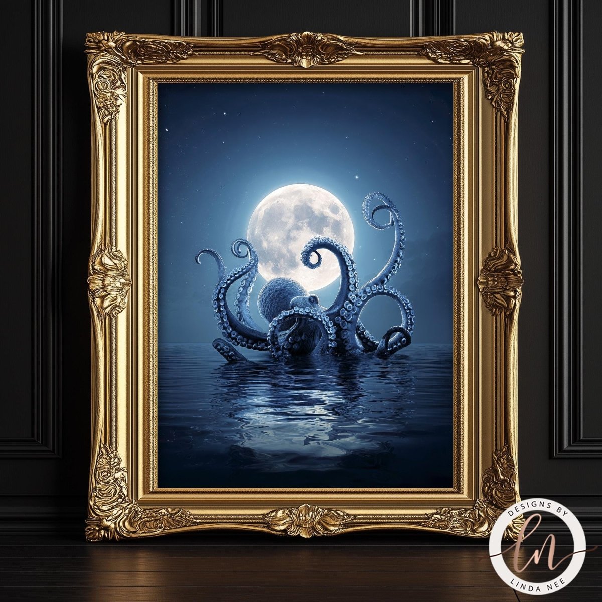 A large, blue octopus with tentacles spread out in the water, with a full moon in the background.