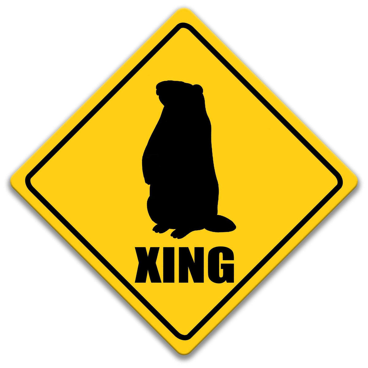 a yellow diamond-shaped sign with a black silhouette of a groundhog and the word "XING" below it.