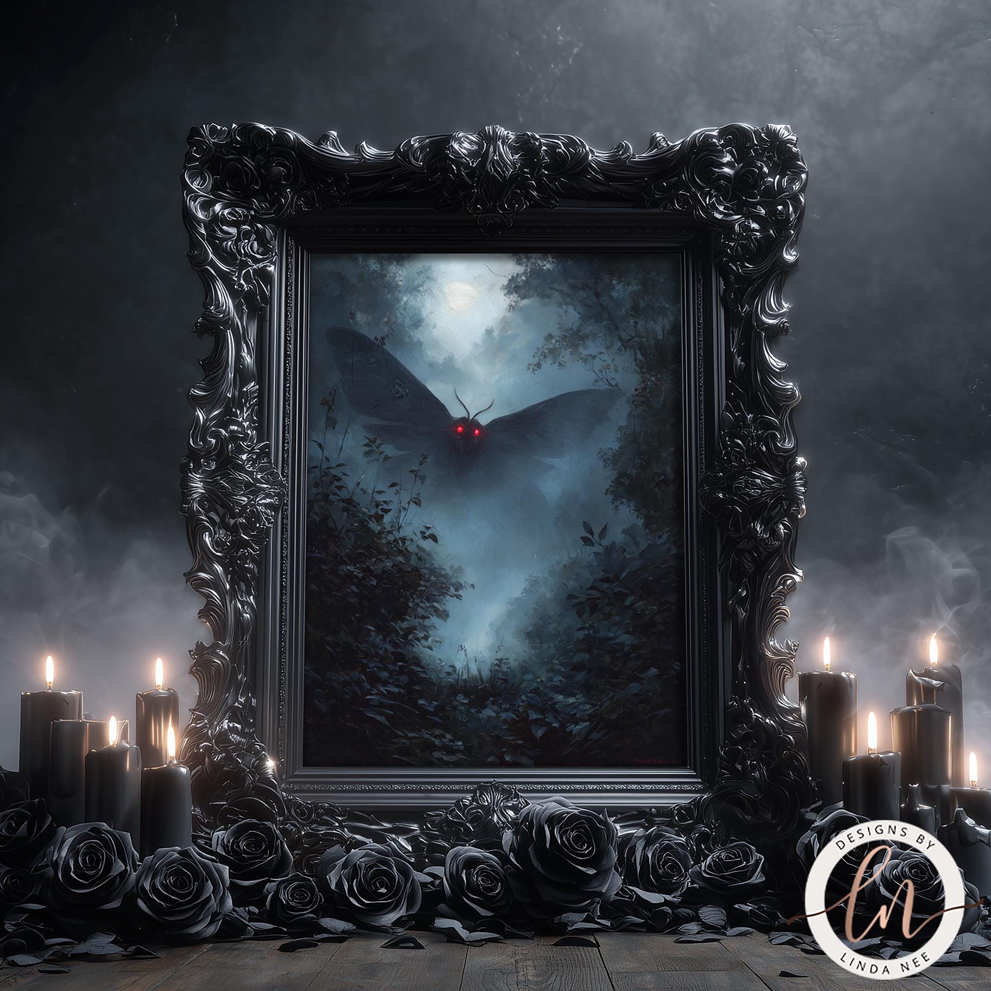 a dark, moody scene with a large, ornate frame containing a painting of a moth with glowing red eyes. Surrounding the frame are candles and black roses, creating a spooky and mysterious atmosphere.