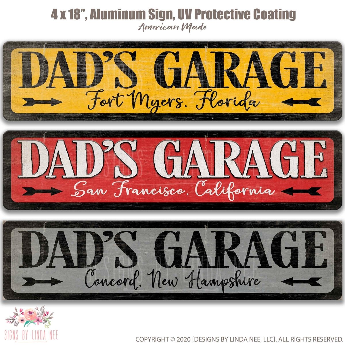three rectangular signs with the same design, each featuring the text "DAD'S GARAGE" in a different color and font style. The signs are made of a material that appears to be aluminum and are coated with a UV protective coating.