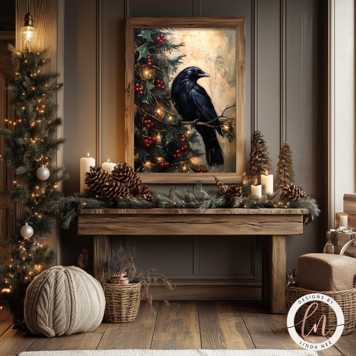 Crow art print shown above a table styled with pine cones and holiday decor