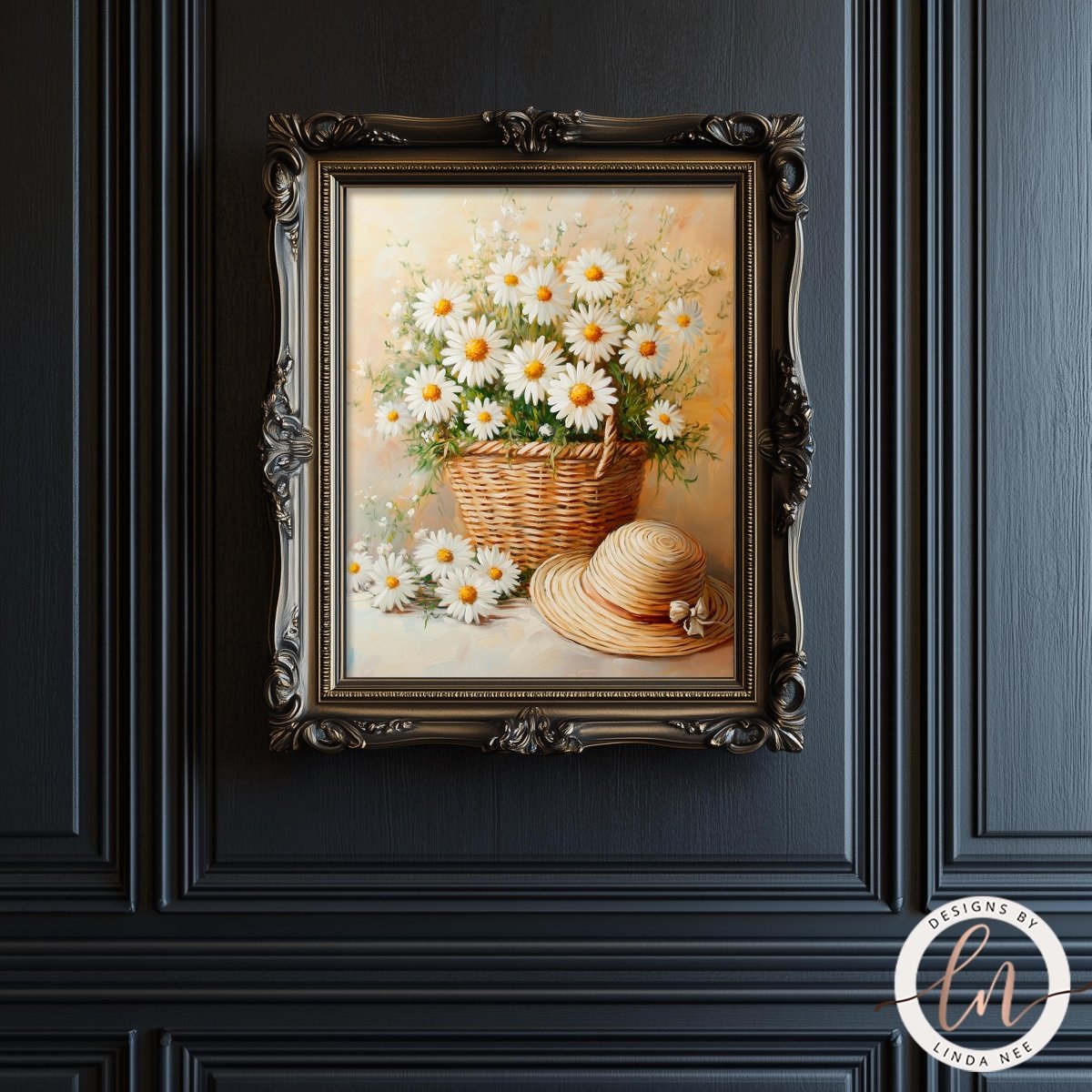 A framed painting of a basket filled with white daisies hangs on a dark wall.