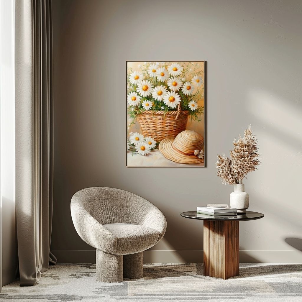 Modern interior with a textured chair, small table, and floral painting on a wall.