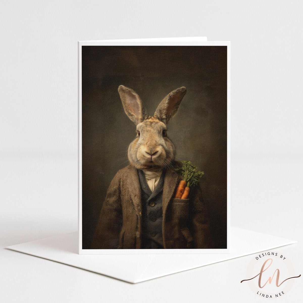 A rabbit wearing a suit and holding a bunch of carrots in its pocket.