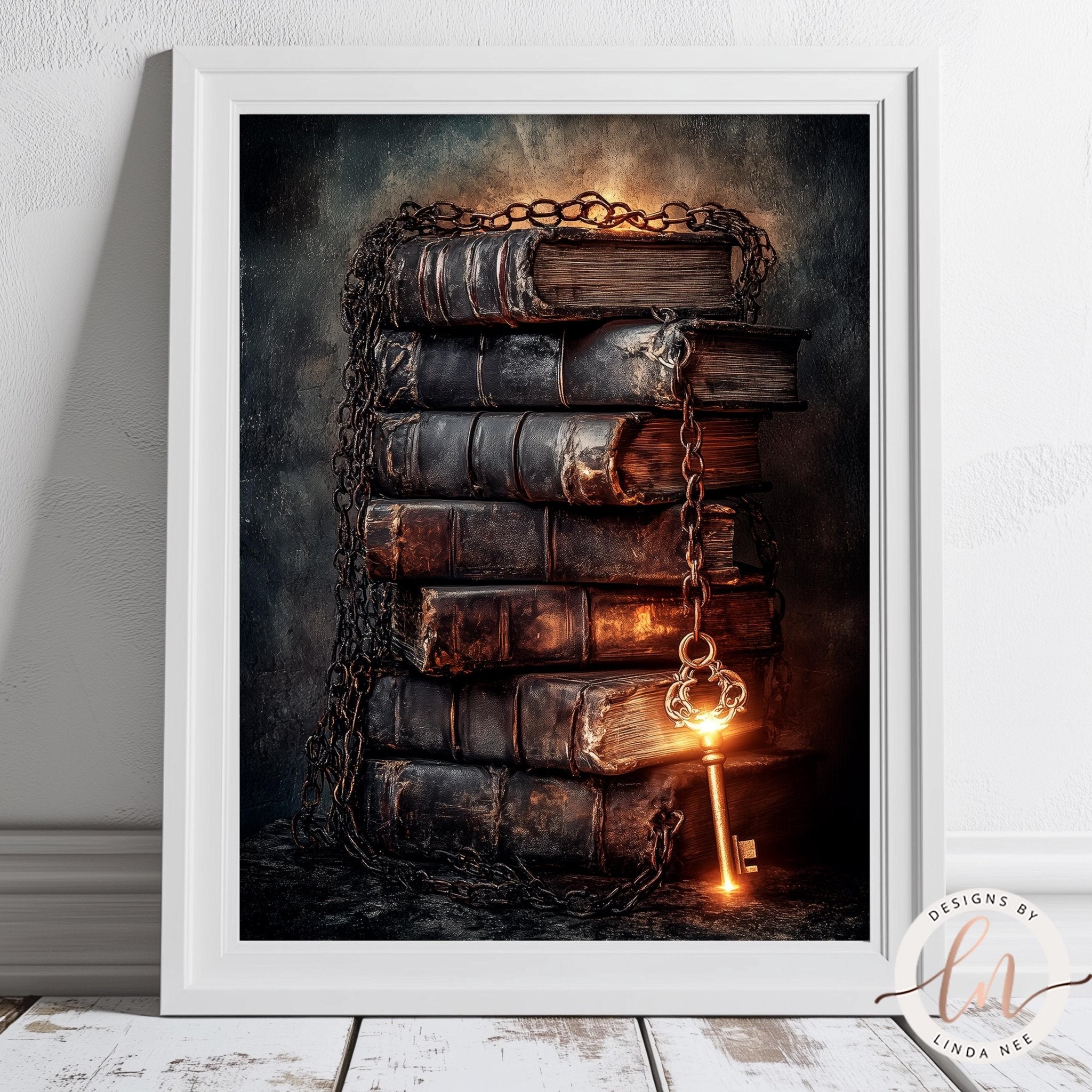 A framed image depicting a stack of old, worn books with a glowing key hanging from the spine, set against a dark, moody background.
