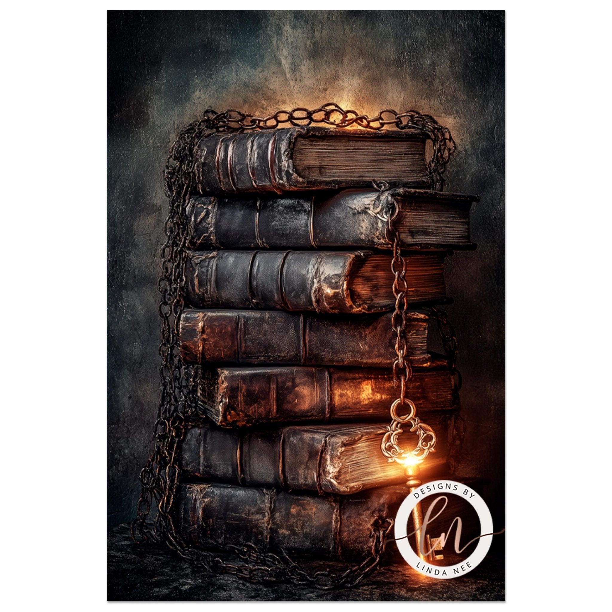 A stack of old, worn books with a glowing chain hanging from the top, creating a mysterious and intriguing atmosphere.