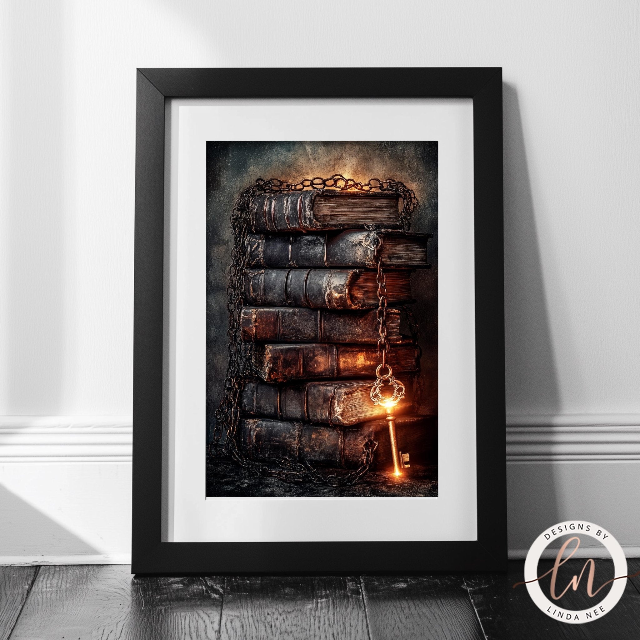 A framed image depicting a stack of old, worn books with a glowing key hanging from the spine, set against a dark, moody background.