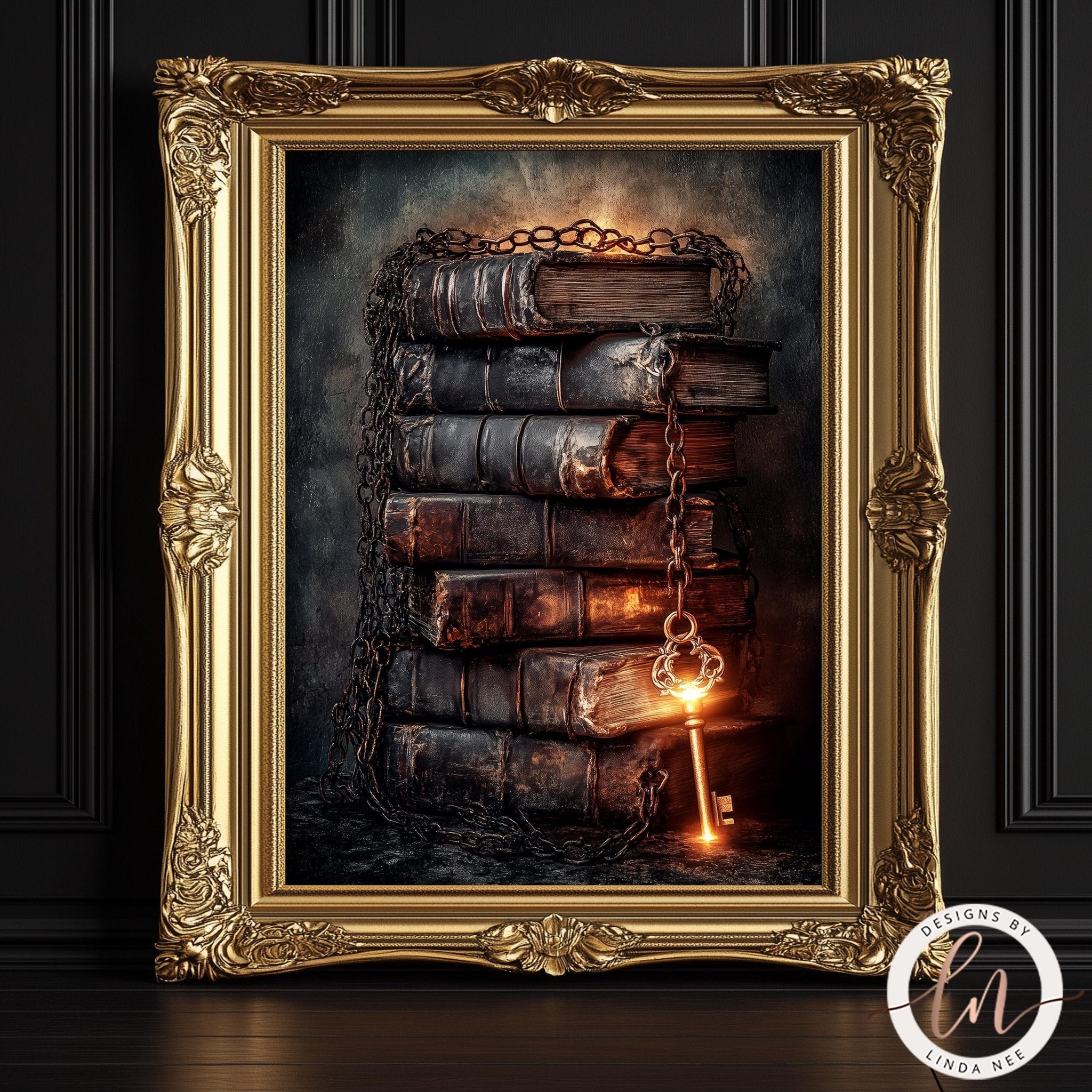 A framed image depicting a stack of old, worn books with a glowing key in the center, set against a dark background.