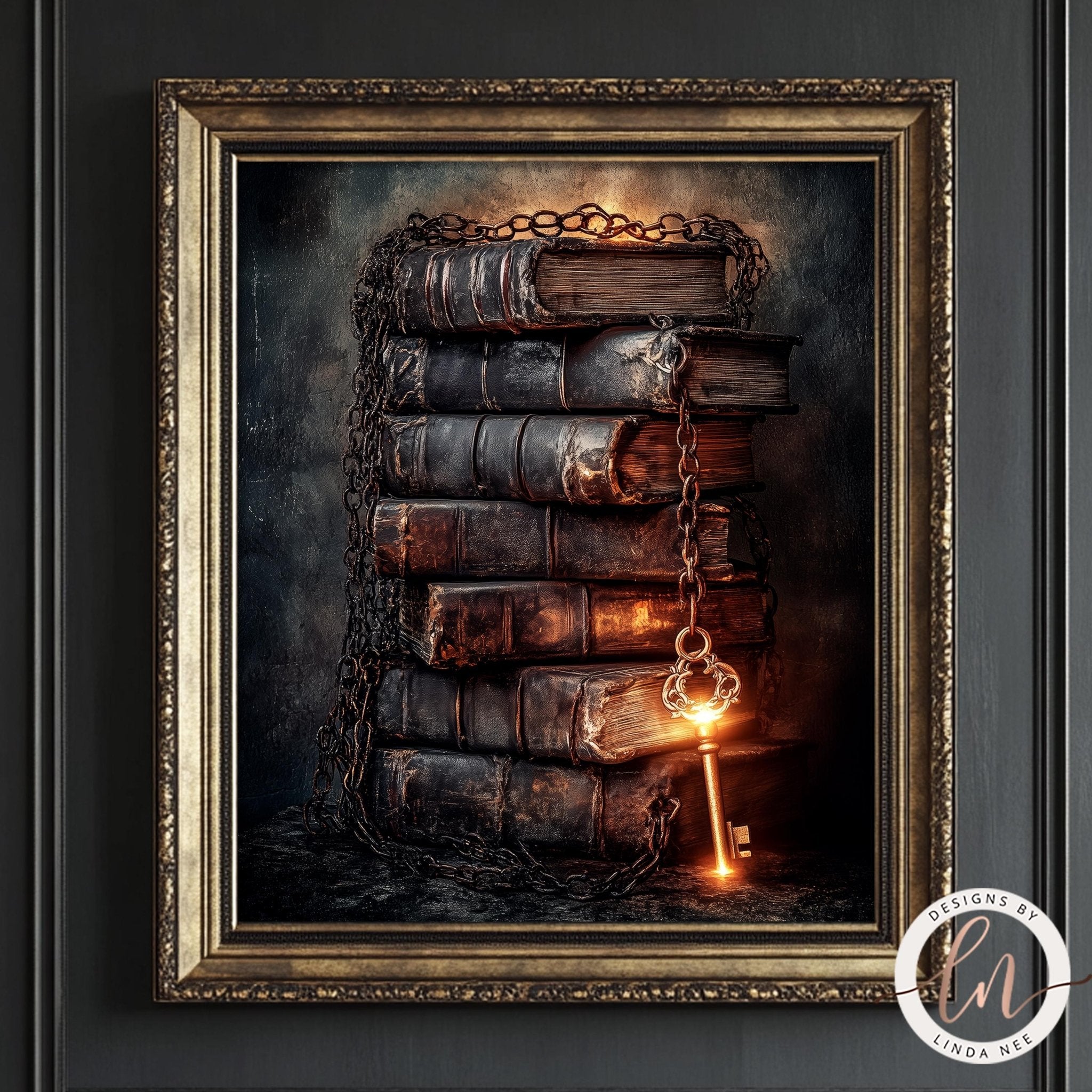 A framed image depicting a stack of old, worn books with a glowing key hanging from one of the books, creating a sense of mystery and intrigue.