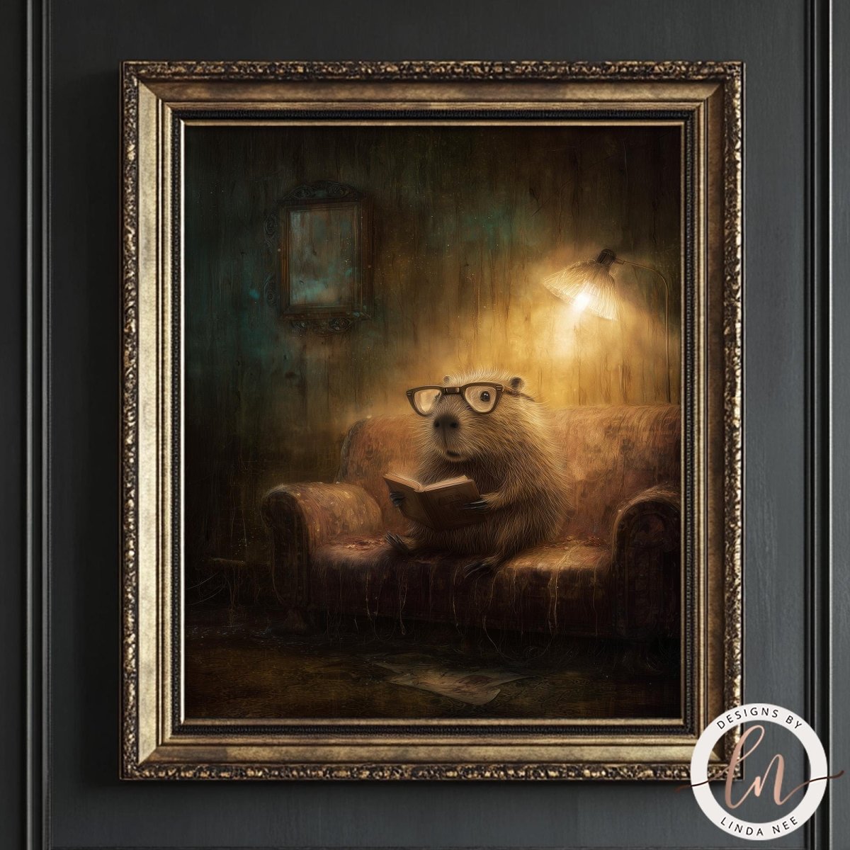 A beaver wearing glasses is sitting on a couch, reading a book in a dimly lit room.