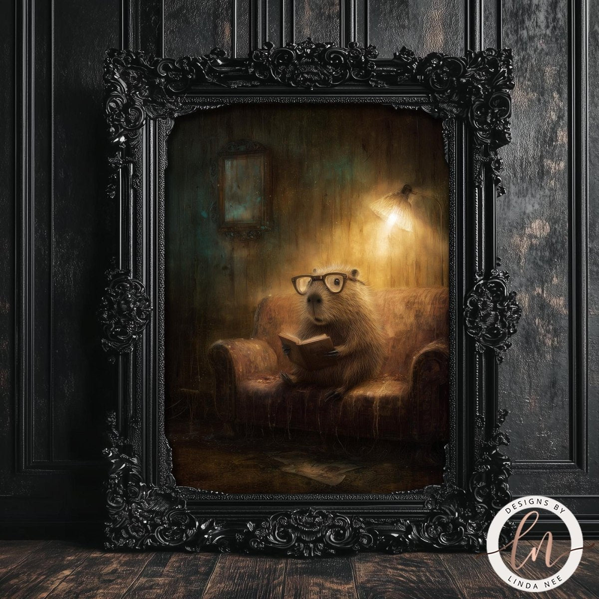 A beaver wearing glasses is sitting on a couch, reading a book, in a dark room with a lamp illuminating the scene.