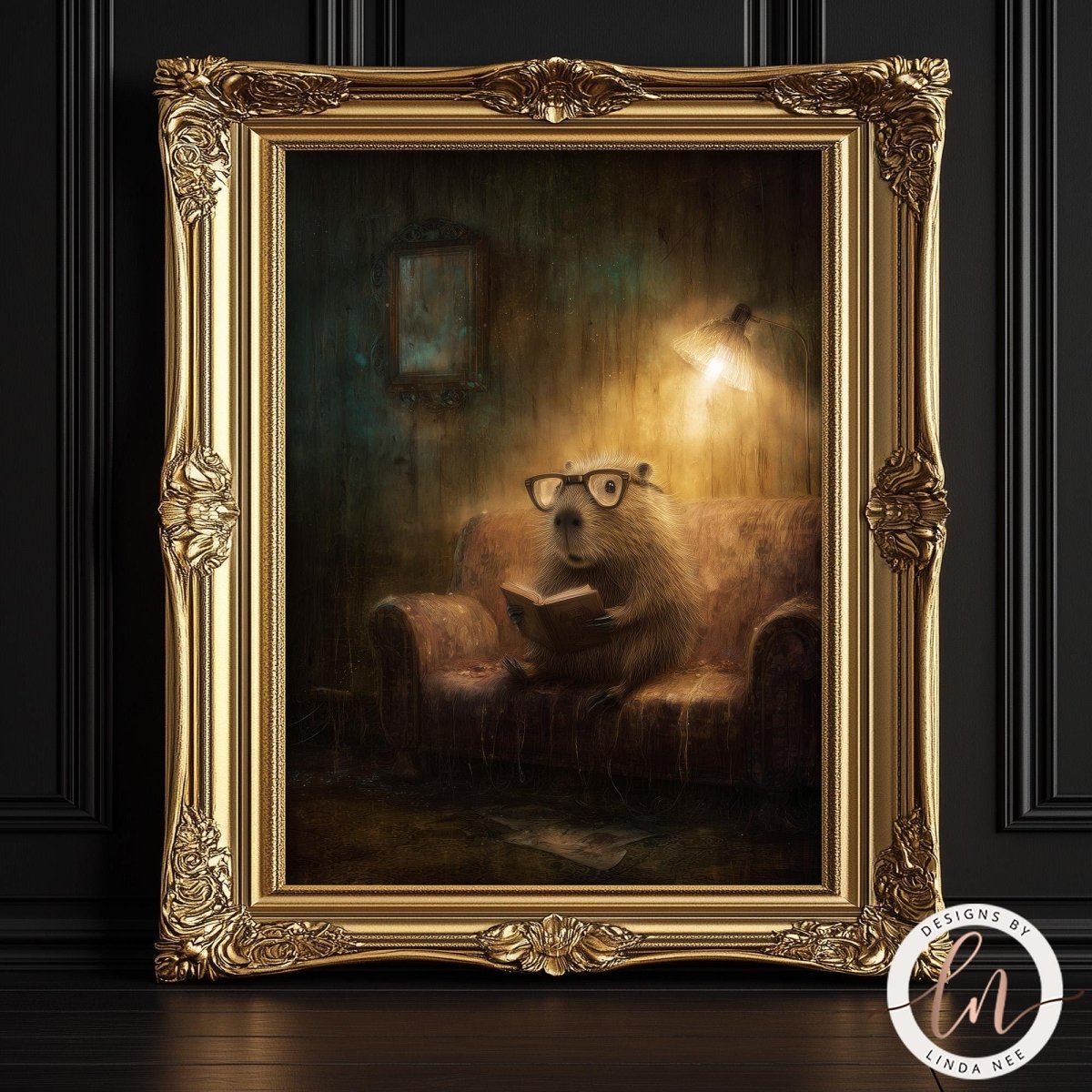 A painting of a beaver wearing glasses and reading a book, sitting on a couch in a dimly lit room.