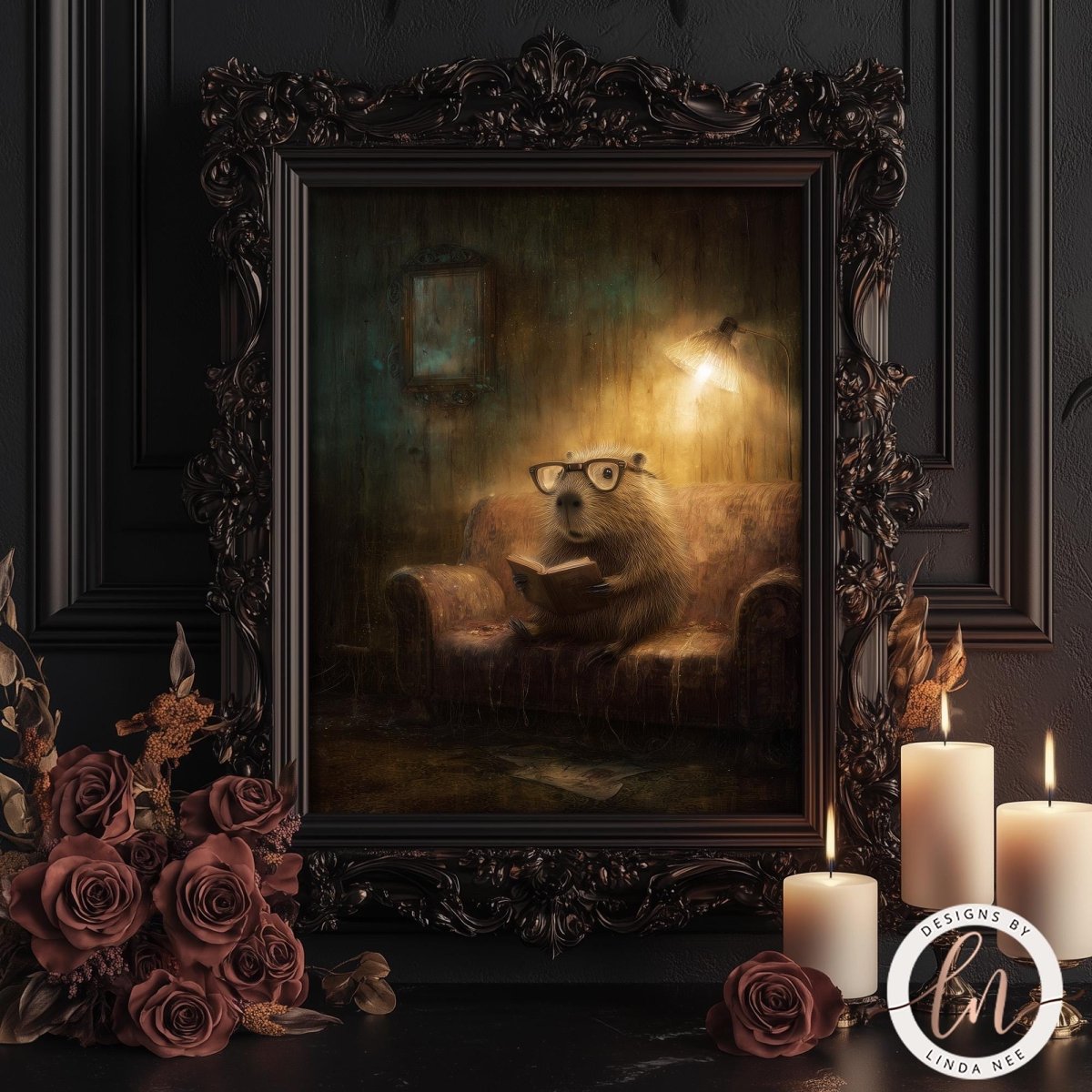 a painting of a beaver wearing glasses and reading a book, set within an ornate frame. The beaver is seated on a couch, with a lamp and candles providing a cozy atmosphere. The painting is surrounded by roses and other decorative elements, creating a warm and inviting scene.