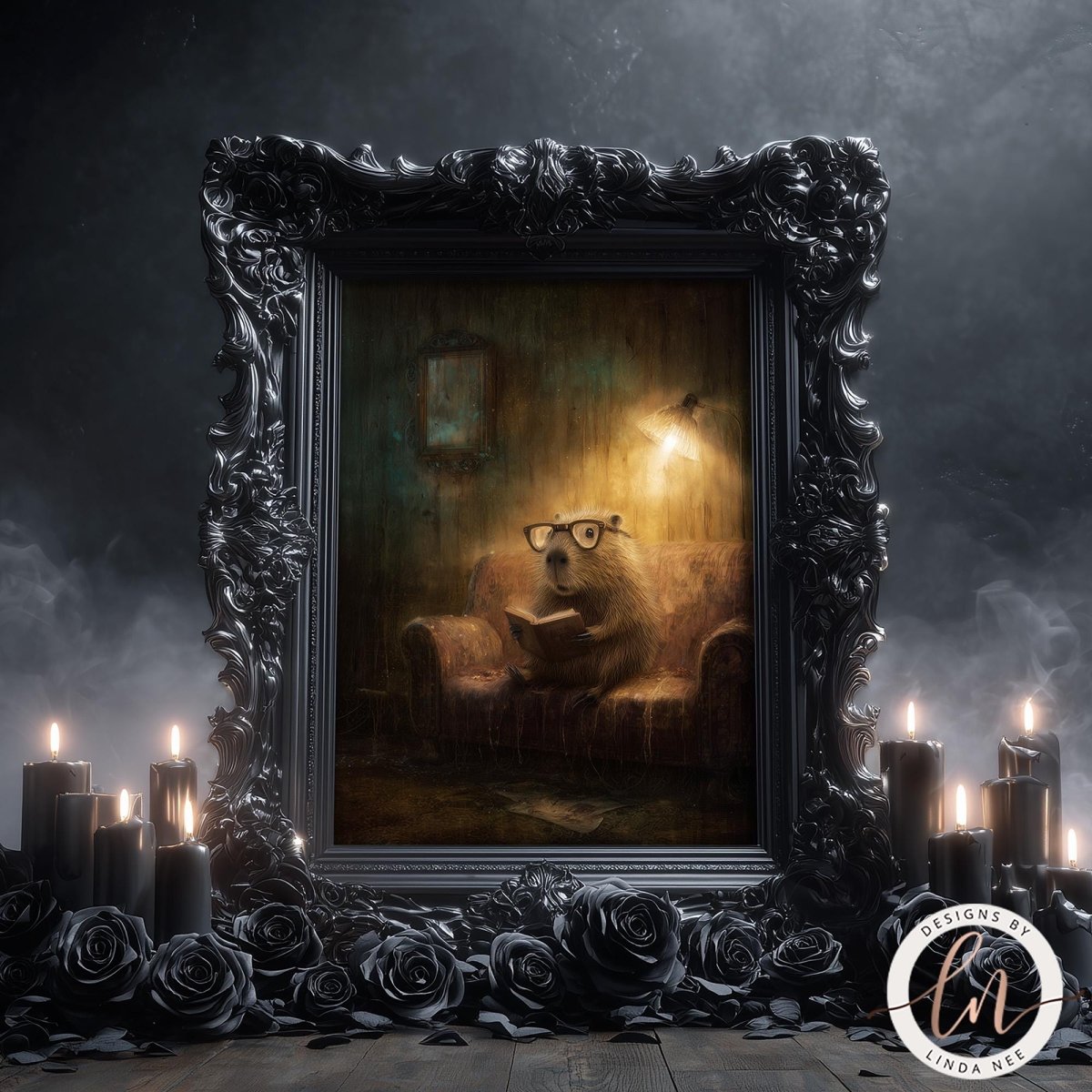 A painting of a bear wearing glasses and reading a book, set within an ornate black frame, surrounded by candles and roses.