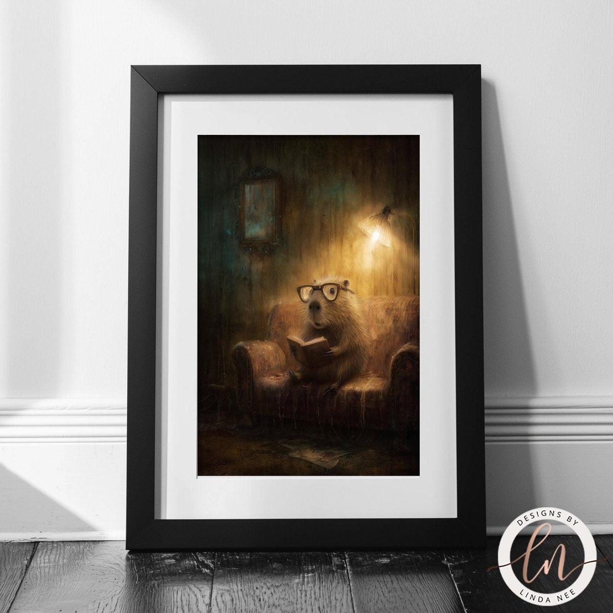 A beaver wearing glasses is sitting on a couch, reading a book in a dimly lit room.