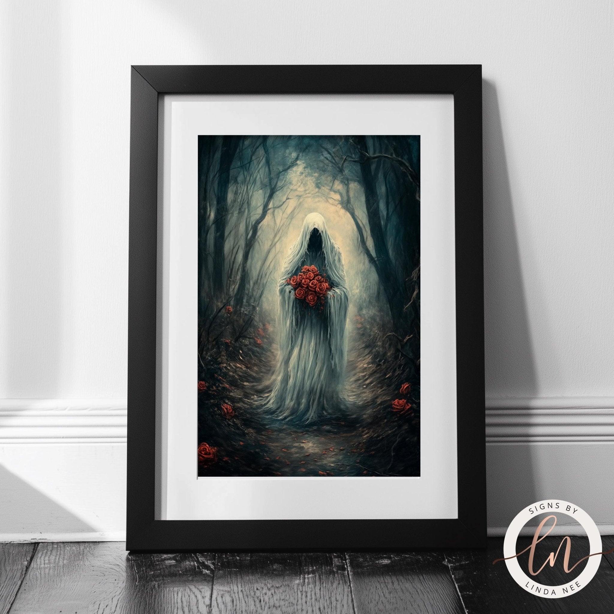 The image is a framed artwork depicting a mysterious, ghostly figure standing in a dark, misty forest.