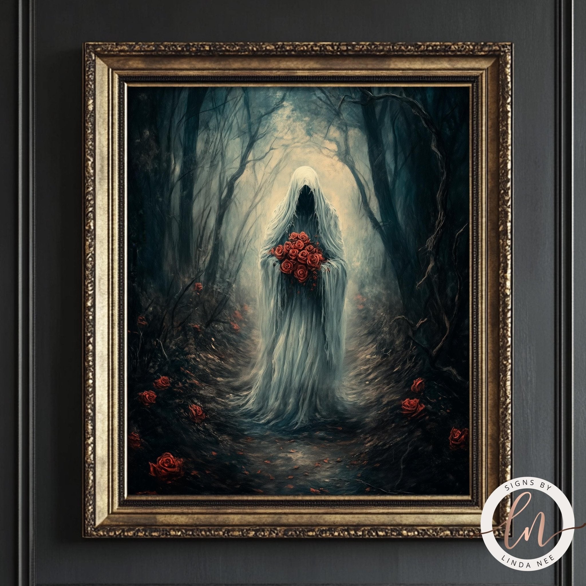 The image is a framed painting depicting a ghostly figure holding a bouquet of red roses, standing in a dark, misty forest.