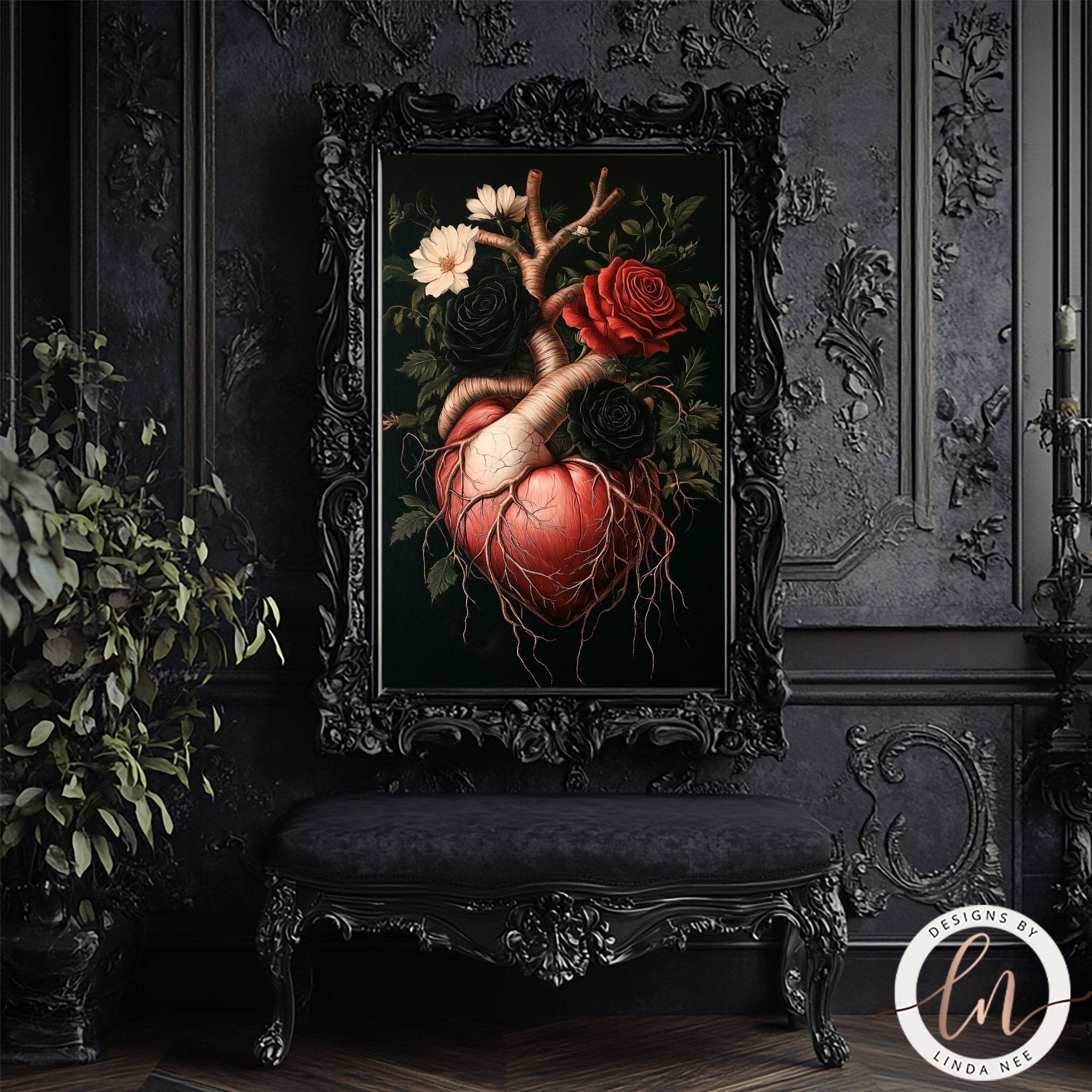 Dark Academia Anatomical Heart with Roses Wall Art