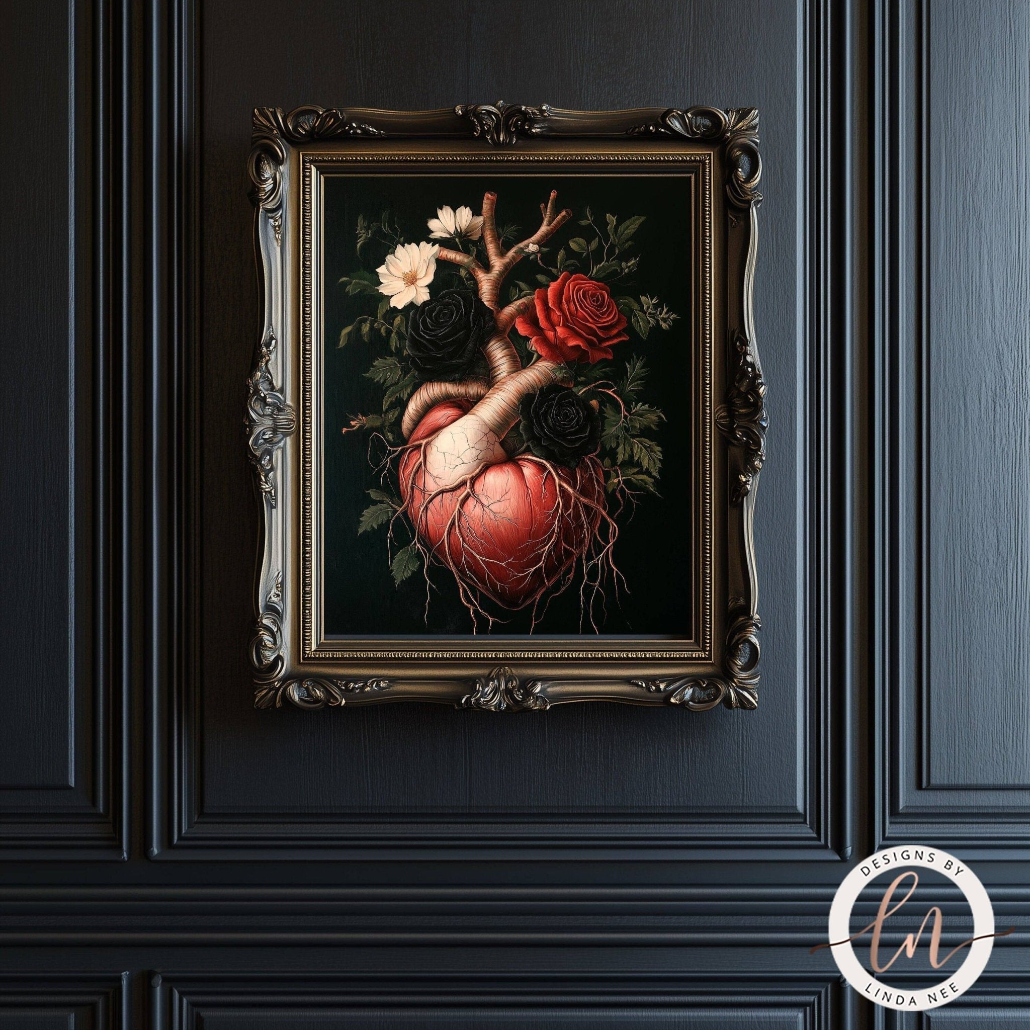 Dark Academia Anatomical Heart with Roses Wall Art