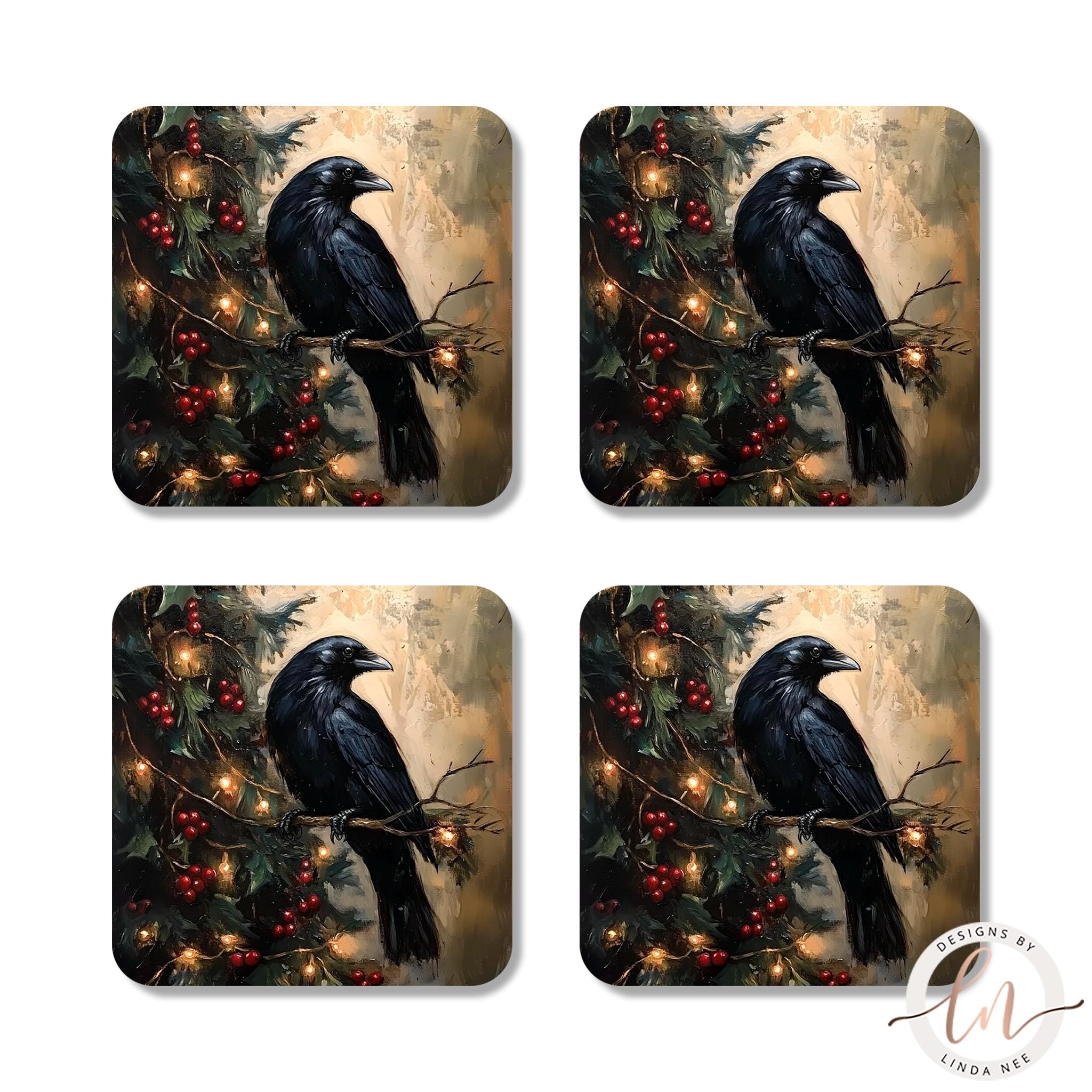Dark Academia Raven Coasters - Gothic Cottagecore Holiday Set