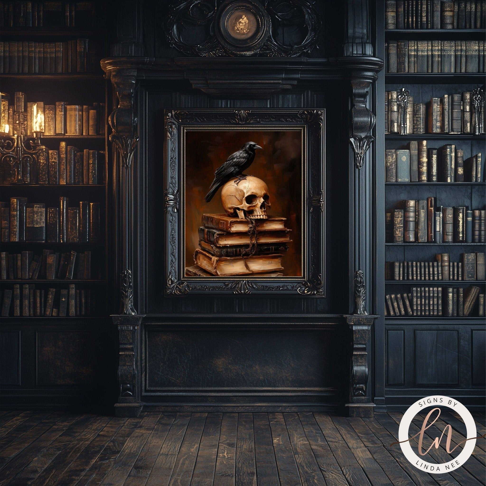 a dark, ornate room with a large bookshelf filled with books, a framed painting of a skull and a crow perched on top of a stack of books, and a chandelier hanging from the ceiling.
