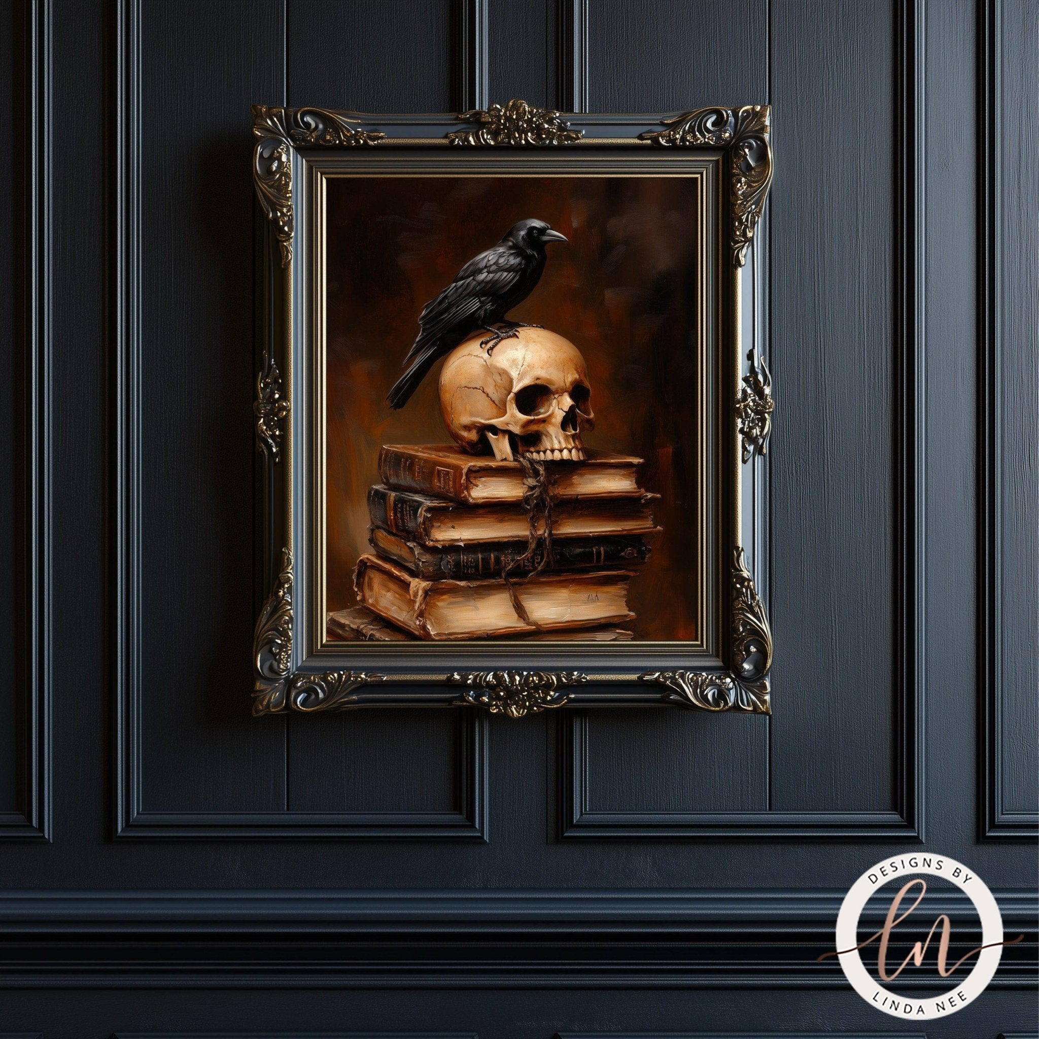 A framed painting depicting a skull with a black crow perched on top, surrounded by books.