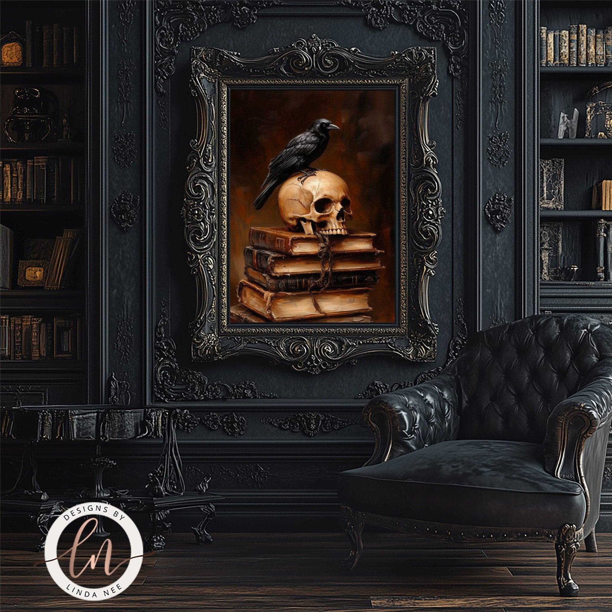 a dark, ornate room with a large, ornate frame containing a painting of a skull and a bird perched on top of it. The room also includes a leather armchair and a bookshelf filled with books.