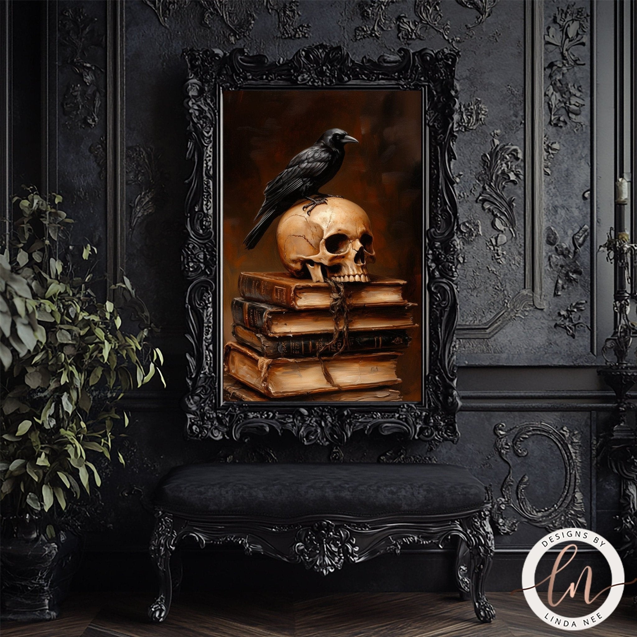 a black ornate frame with a painting of a skull and a black crow perched on top of a stack of books. The frame is set against a dark background with a carved wooden panel.