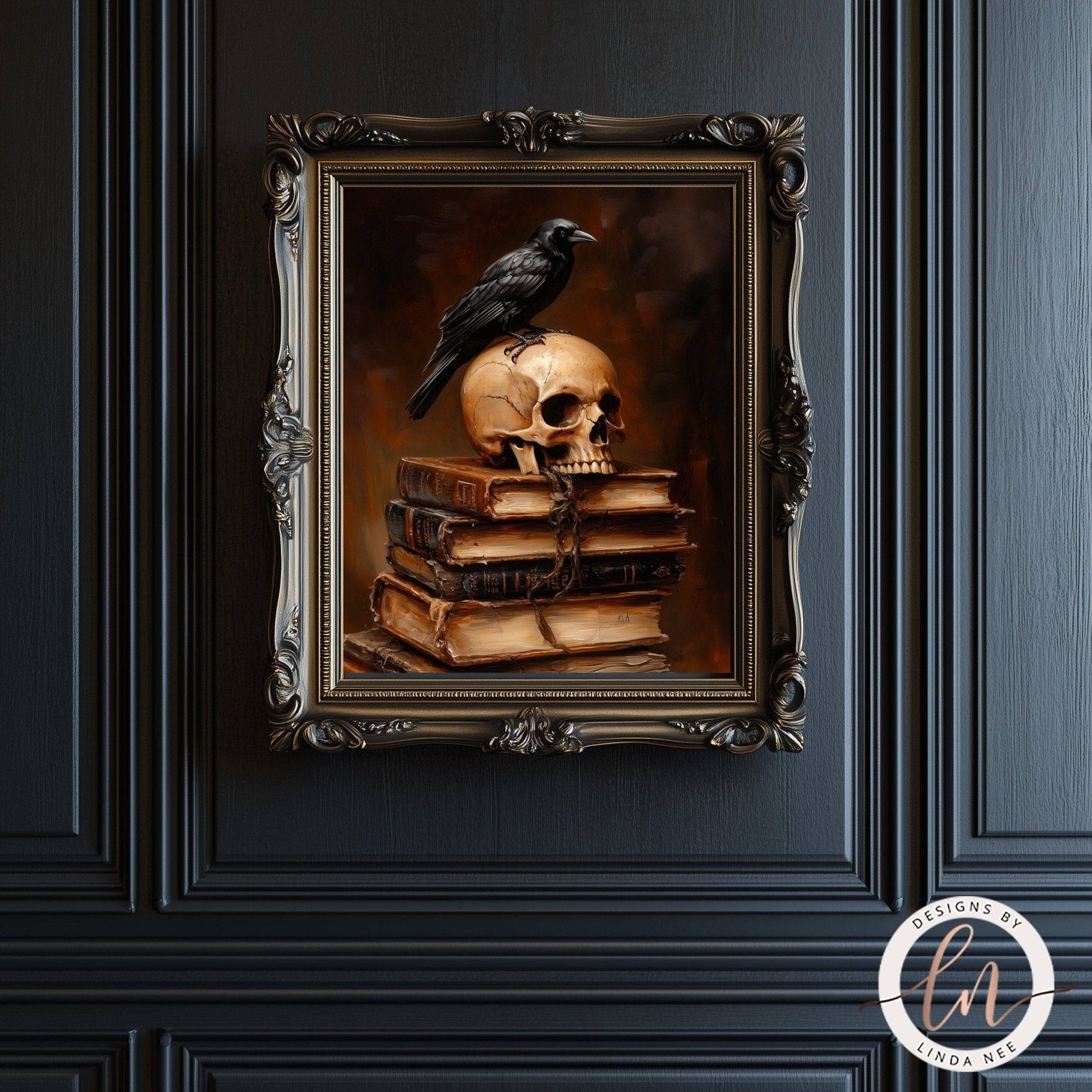Dark Academia Raven on Skull & Books Wall Art
