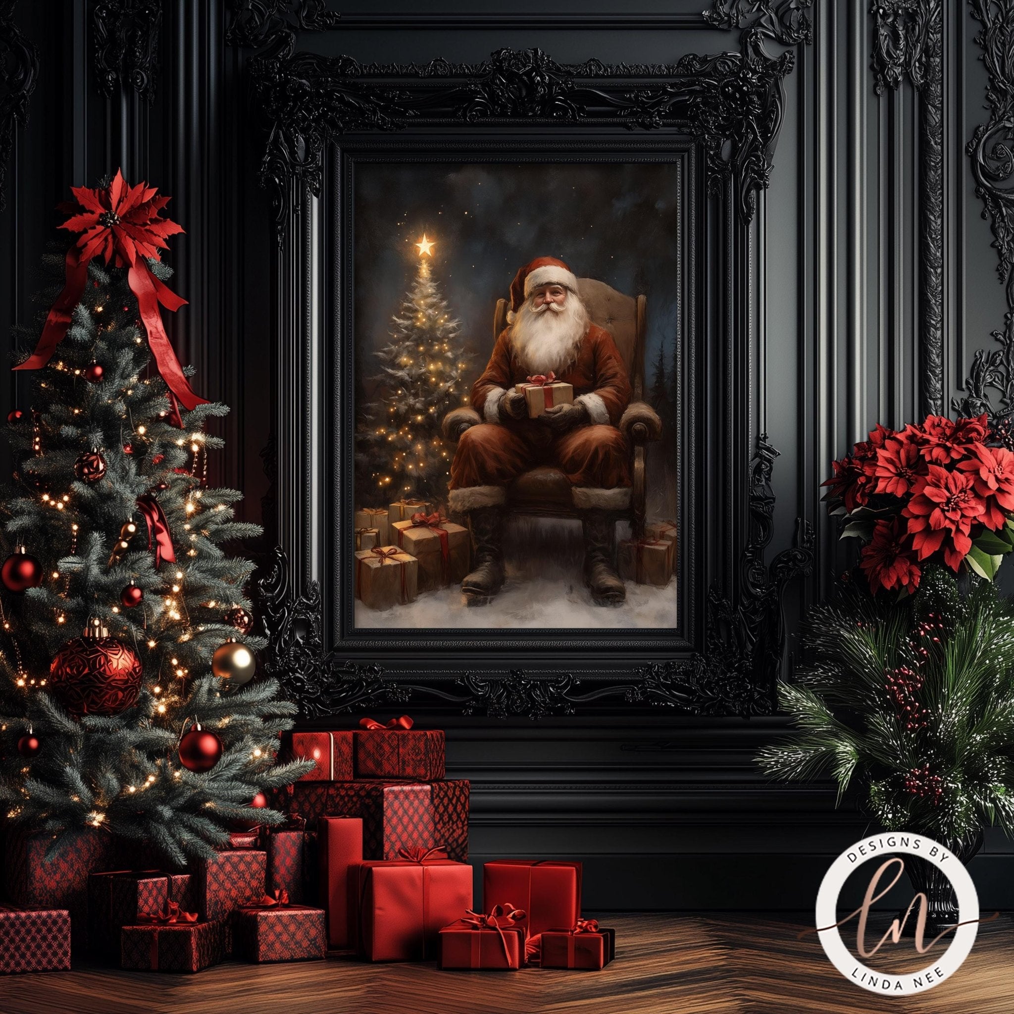 a festive Christmas scene with a framed painting of Santa Claus sitting in a chair, surrounded by a decorated Christmas tree, presents, and poinsettias.