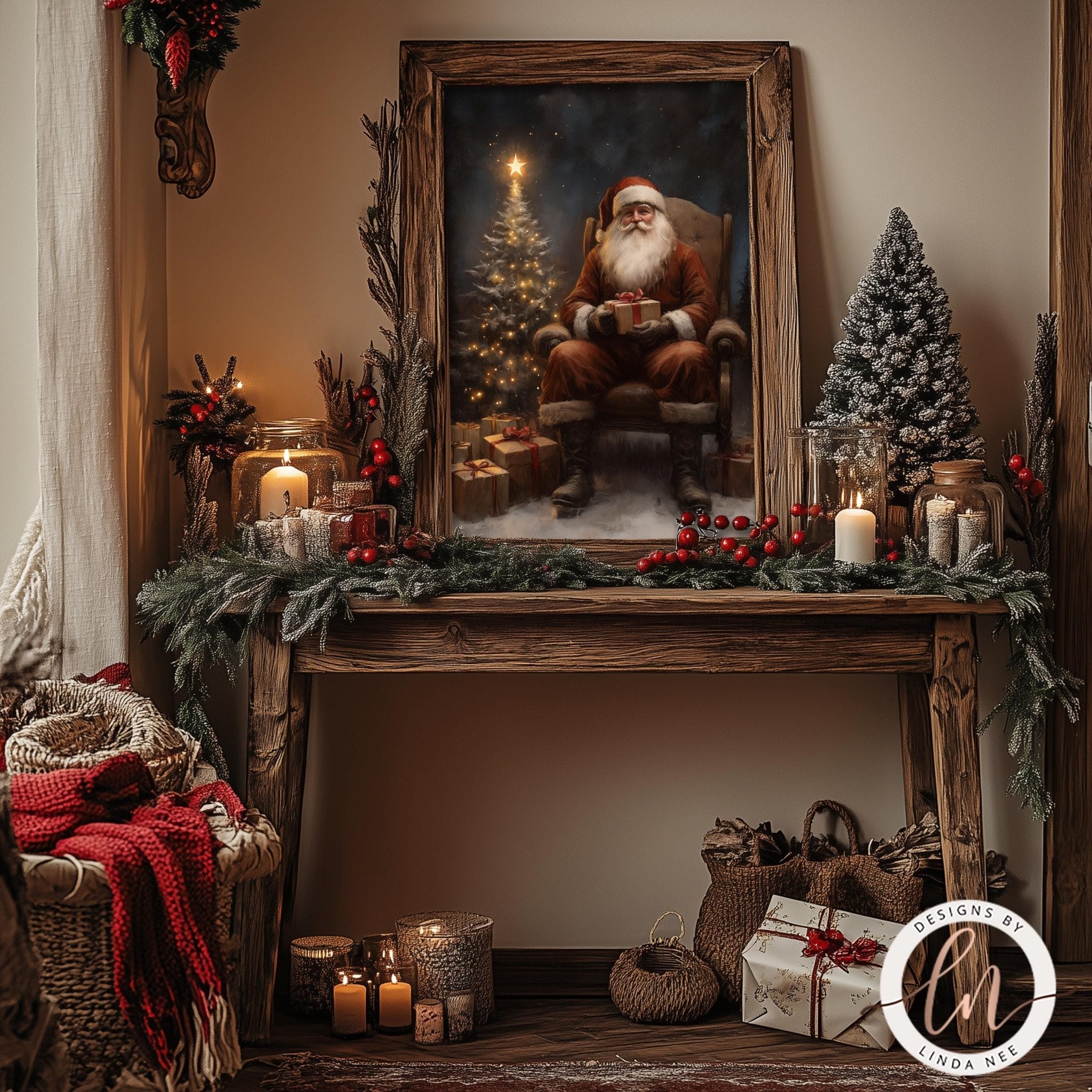 a festive Christmas scene with a framed painting of Santa Claus sitting in a chair, surrounded by holiday decorations such as a Christmas tree, garlands, and presents.