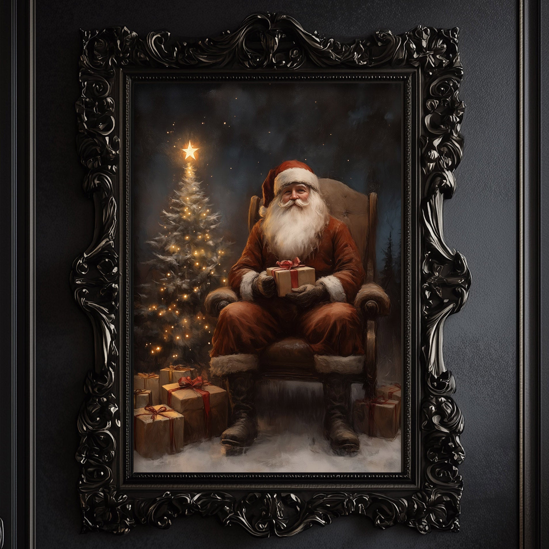 A framed painting depicting Santa Claus sitting in a chair, holding a gift, with a lit Christmas tree in the background.