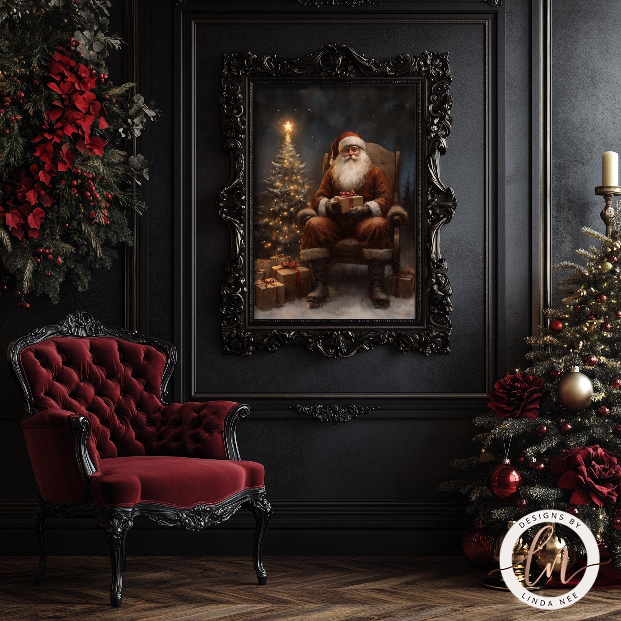 a cozy and festive Christmas scene with a framed painting of Santa Claus sitting in a chair, surrounded by holiday decorations such as a Christmas tree, ornaments, and a red velvet chair.