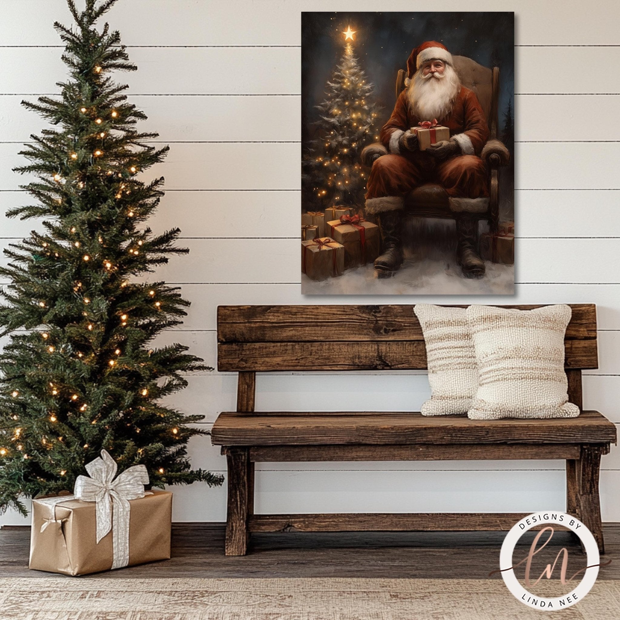 a cozy Christmas scene with a beautifully decorated Christmas tree, a wooden bench, and a painting of Santa Claus sitting in a chair.