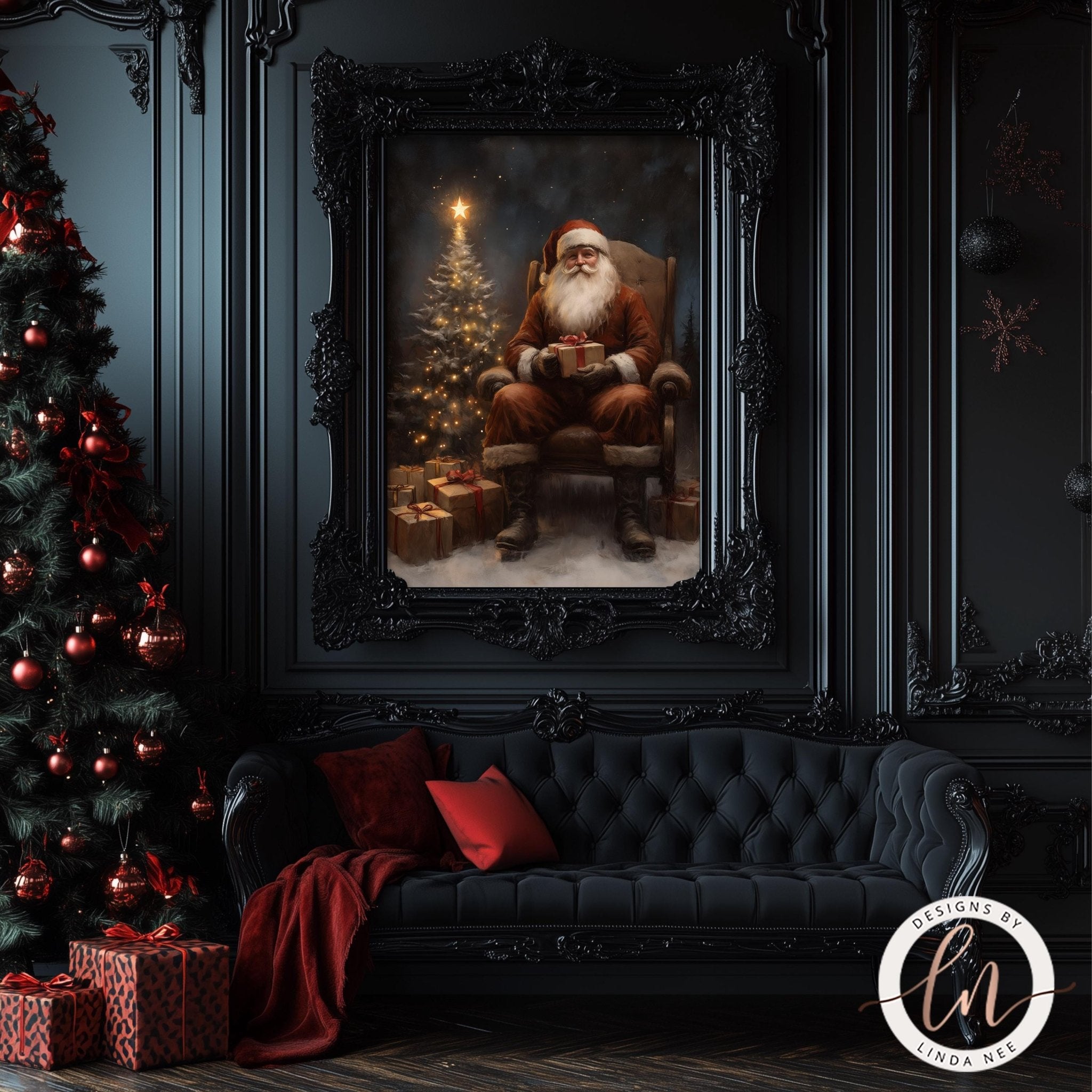a large framed painting of Santa Claus sitting in a chair, surrounded by a Christmas tree and presents, with a dark, ornate wall behind him.