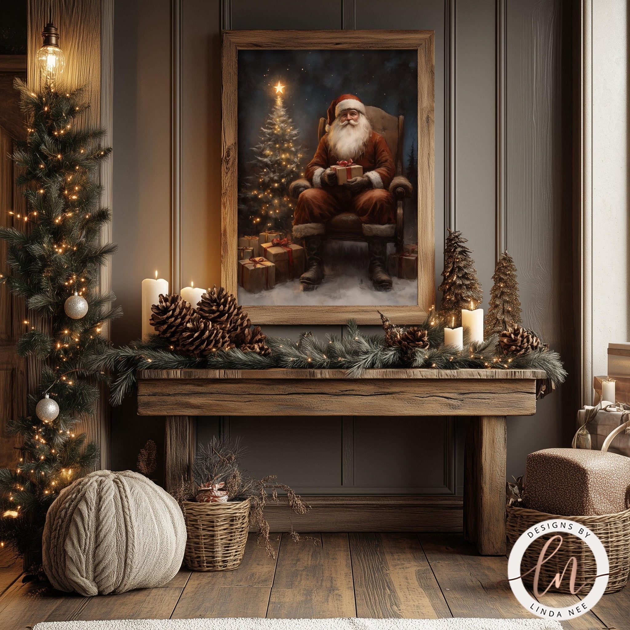 a cozy and festive Christmas scene with a framed painting of Santa Claus sitting in a chair, surrounded by holiday decorations such as pine cones, candles, and a wreath. The painting is hung on a wall, and the room has a wooden table with a vase of flowers and other holiday decor.